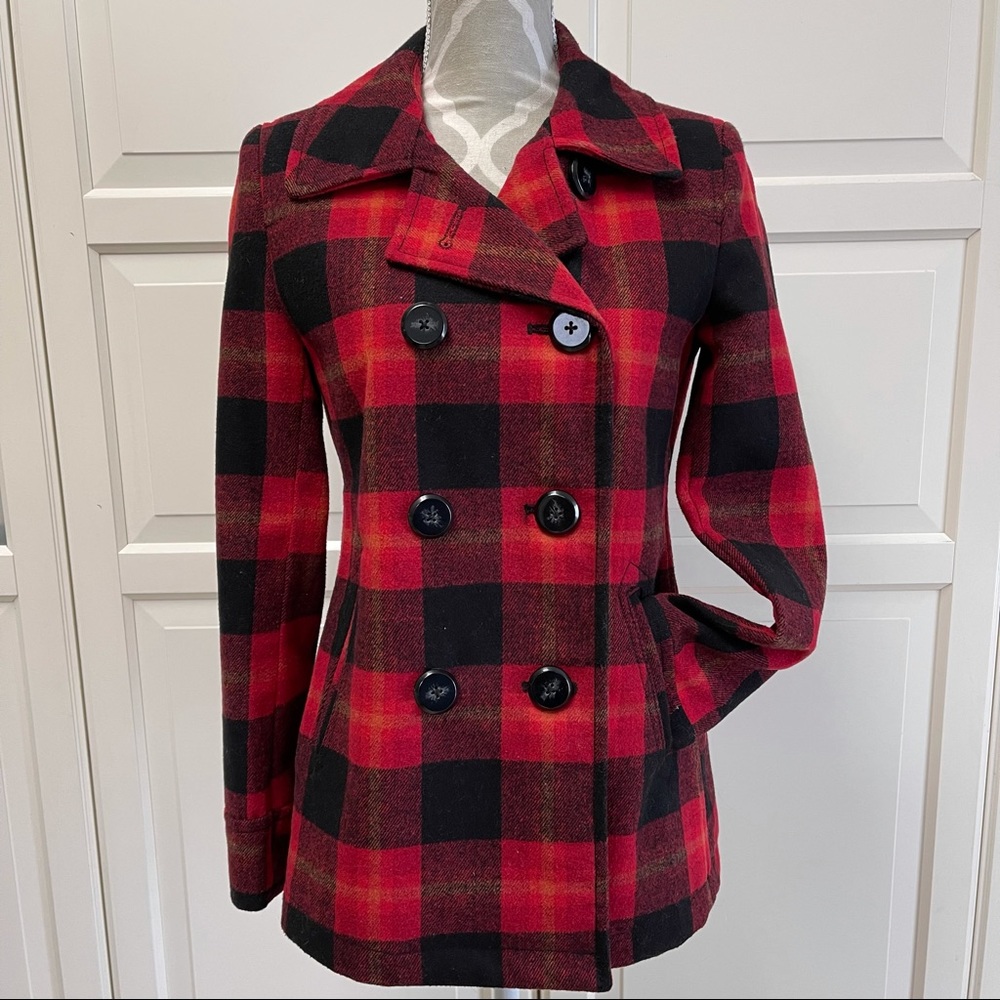 Old Navy Red Plaid Pea Coat Size XS